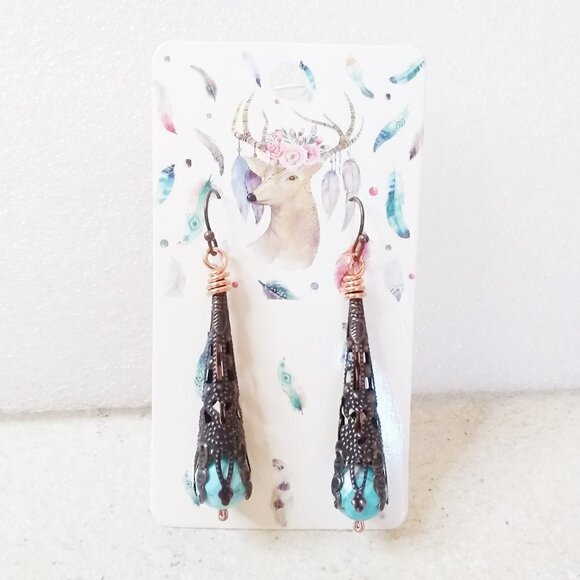 Copper Filigree & Blue Howlite Dangle Earrings! Lightweight Boho Coastal Cowgirl - Picture 3 of 9